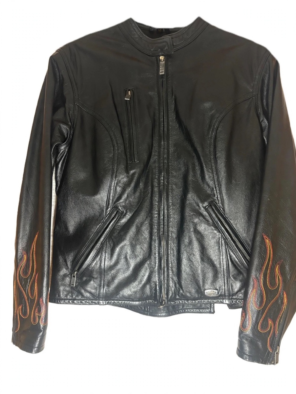 Black Leather genuine, Harley Davidson with Flame Embroidery - Women's Coat